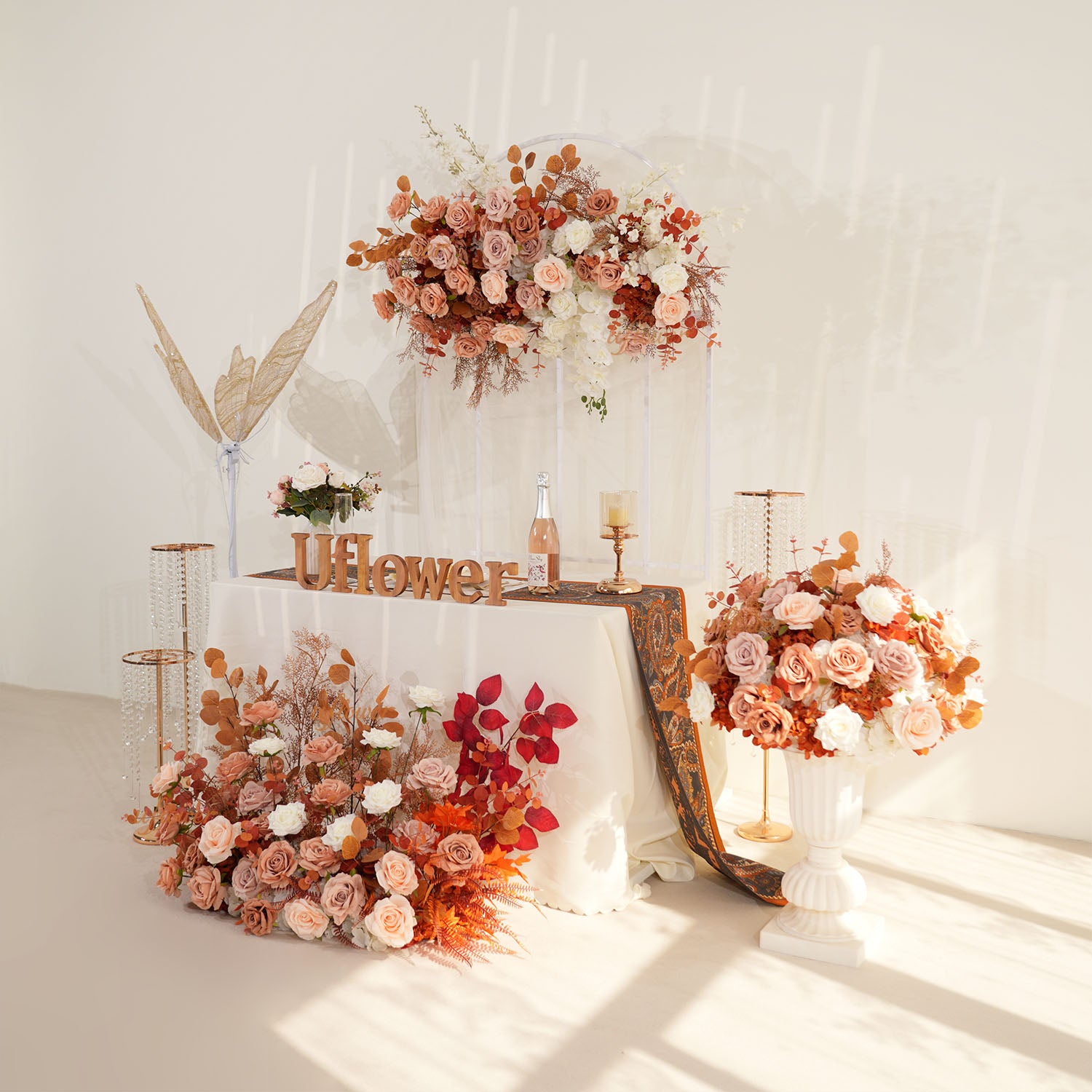 Uflower Coffee Fall Rose Hang Flower Floor Floral Wedding Party Event Props